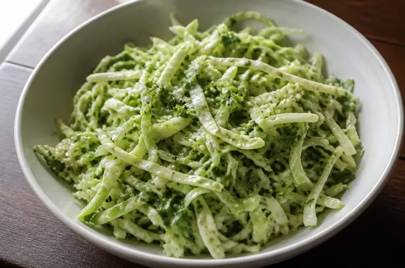 Fresh cilantro lime slaw in a bowl garnished with lime slices