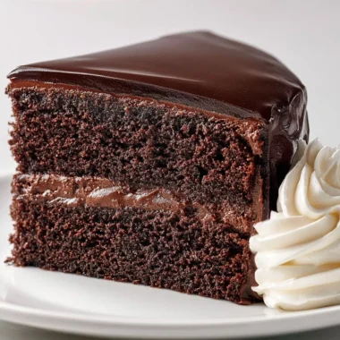 A delicious slice of classic Sachertorte, an Austrian chocolate cake with apricot jam.