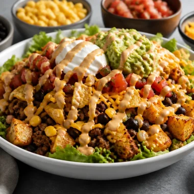 Cozy Loaded Potato Taco Bowl 32 Cozy loaded potato taco bowl topped with fresh ingredients and spices.
