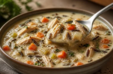 Creamy chicken soup with wild rice in a bowl garnished with fresh herbs