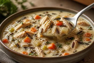 Creamy chicken soup with wild rice in a bowl garnished with fresh herbs