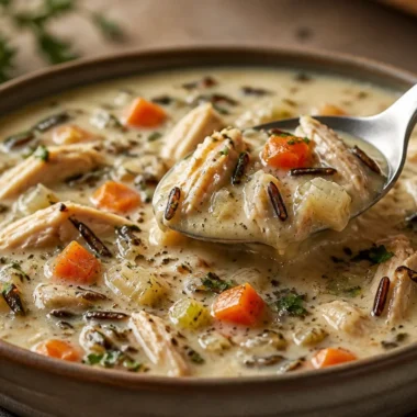 Creamy chicken soup with wild rice in a bowl garnished with fresh herbs