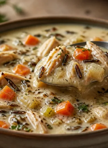 Creamy chicken soup with wild rice in a bowl garnished with fresh herbs