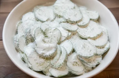 Creamy cucumber salad served in a bowl with fresh herbs