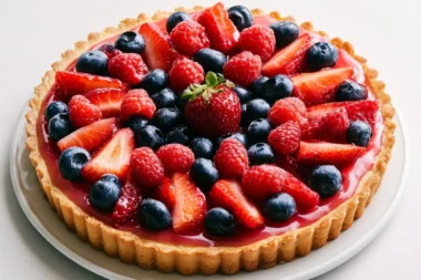 Creamy German fruit flan (Obsttorte) topped with fresh fruits, a delightful dessert.