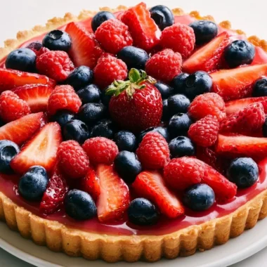 Creamy German Fruit Flan (Obsttorte) 37 Creamy German fruit flan (Obsttorte) topped with fresh fruits, a delightful dessert.