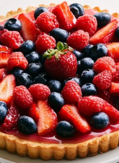 Creamy German fruit flan (Obsttorte) topped with fresh fruits, a delightful dessert.