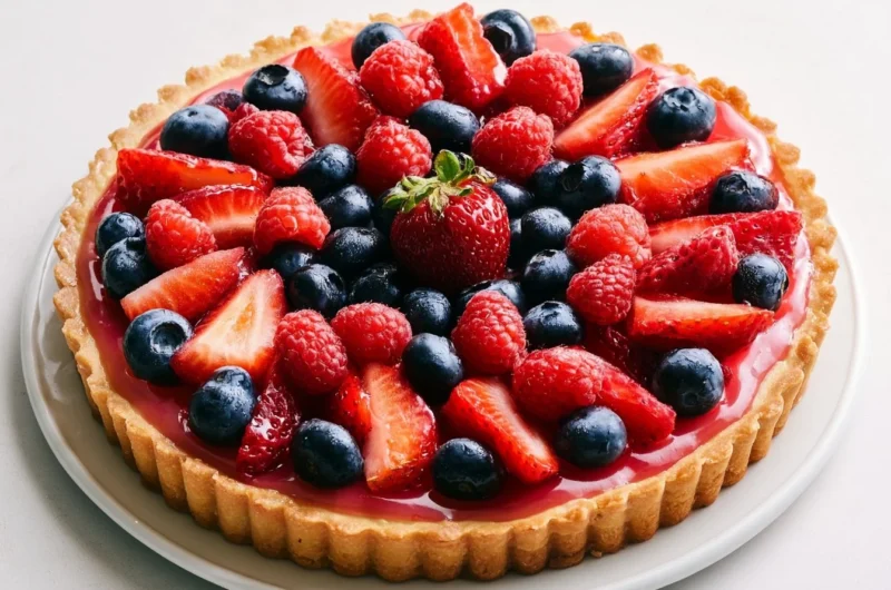 Creamy German fruit flan (Obsttorte) topped with fresh fruits, a delightful dessert.