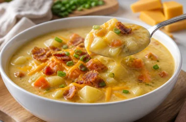 Creamy loaded potato soup topped with bacon and chives in a bowl