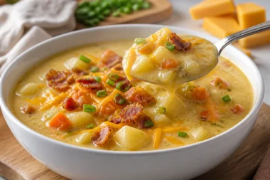 Creamy loaded potato soup topped with bacon and chives in a bowl