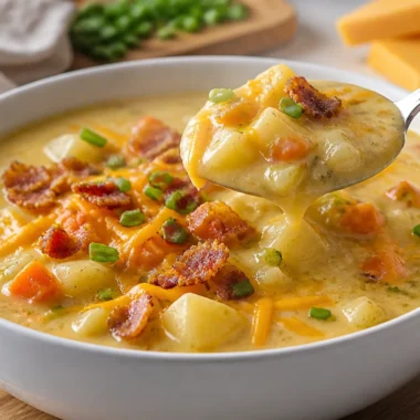 Creamy loaded potato soup topped with bacon and chives in a bowl