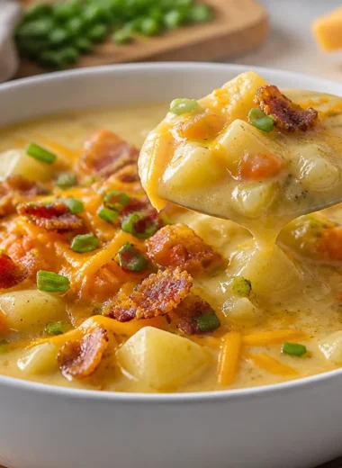 Creamy loaded potato soup topped with bacon and chives in a bowl