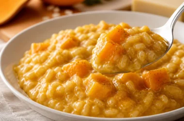 Creamy pumpkin risotto topped with herbs and grated cheese