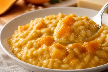 Creamy pumpkin risotto topped with herbs and grated cheese