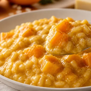 Creamy pumpkin risotto topped with herbs and grated cheese