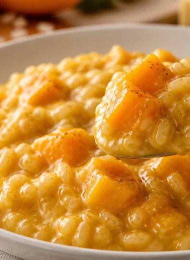 Creamy pumpkin risotto topped with herbs and grated cheese