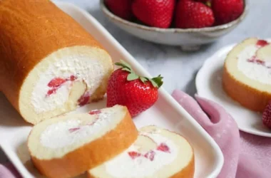 Creamy strawberry Japanese cake roll with fresh strawberries and whipped cream filling
