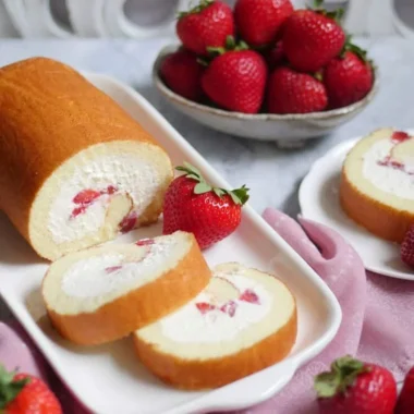 Creamy Strawberry Japanese Cake Roll 26 Creamy strawberry Japanese cake roll with fresh strawberries and whipped cream filling