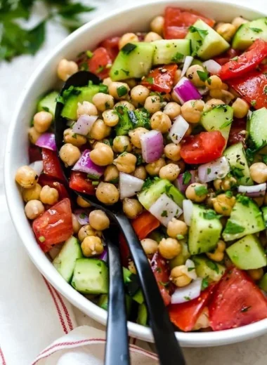 Crispy Chickpea Salad with cucumbers and tomatoes in a bowl