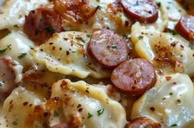 Delicious Crockpot Pierogi Casserole with Kielbasa topped with cheese