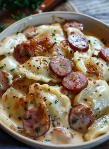 Delicious Crockpot Pierogi Casserole with Kielbasa topped with cheese