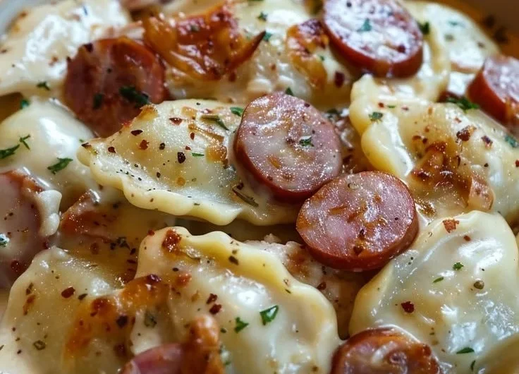 Delicious Crockpot Pierogi Casserole with Kielbasa topped with cheese