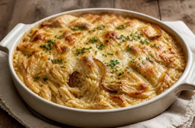 French Onion Chicken Orzo Casserole topped with herbs and melted cheese.