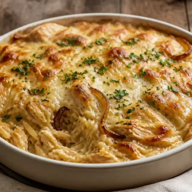 French Onion Chicken Orzo Casserole topped with herbs and melted cheese.