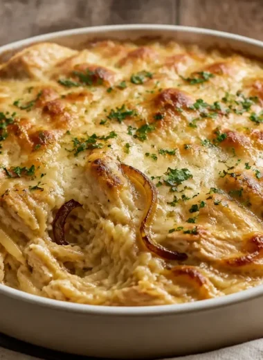 French Onion Chicken Orzo Casserole topped with herbs and melted cheese.