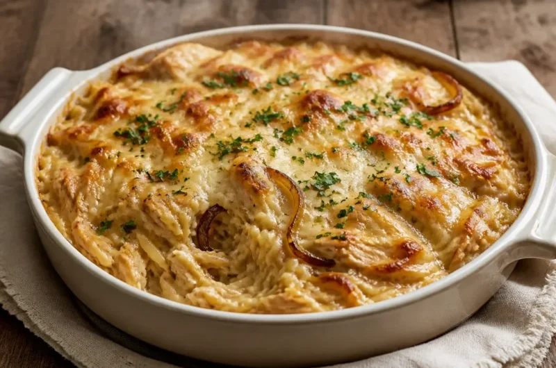 French Onion Chicken Orzo Casserole topped with herbs and melted cheese.