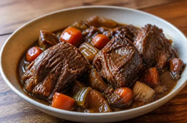 Delicious French style braised short ribs served with a rich sauce