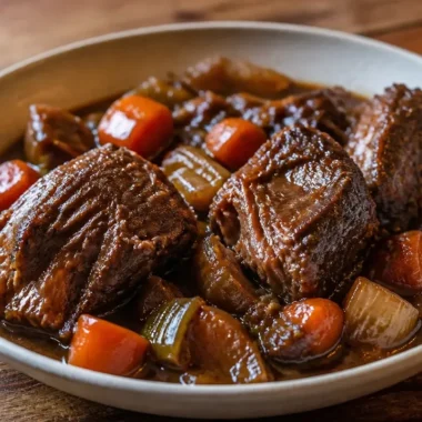 Delicious French style braised short ribs served with a rich sauce