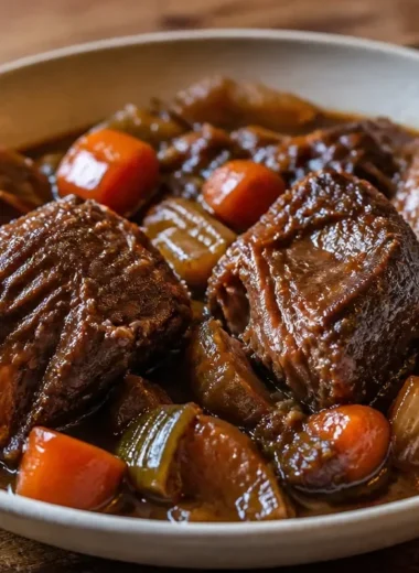 Delicious French style braised short ribs served with a rich sauce