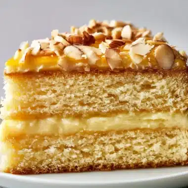 Slice of German Bee Sting Cake topped with creamy filling and almonds