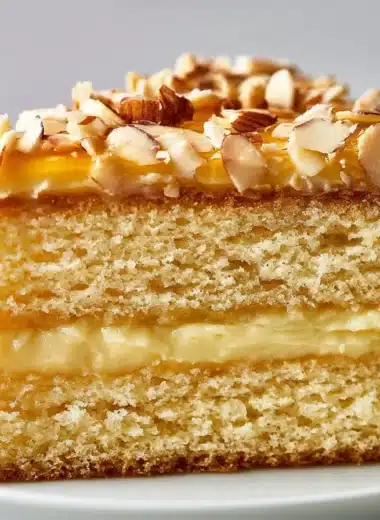 Slice of German Bee Sting Cake topped with creamy filling and almonds