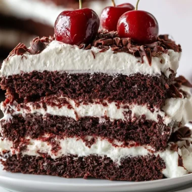 German Black Forest Cake Recipe (Schwarzwälder Kirschtorte) 37 Slice of Black Forest Cake topped with cherries and whipped cream on a plate.