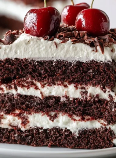 Slice of Black Forest Cake topped with cherries and whipped cream on a plate.