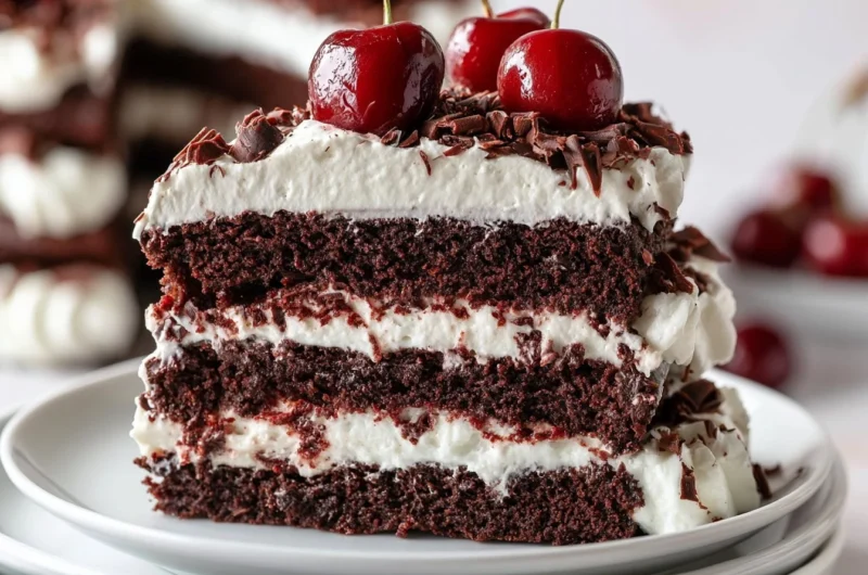 Slice of Black Forest Cake topped with cherries and whipped cream on a plate.