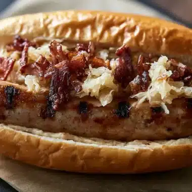 Delicious German bratwurst with sauerkraut served on a plate