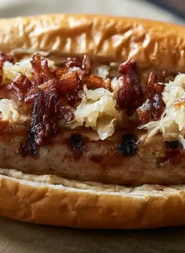 Delicious German bratwurst with sauerkraut served on a plate