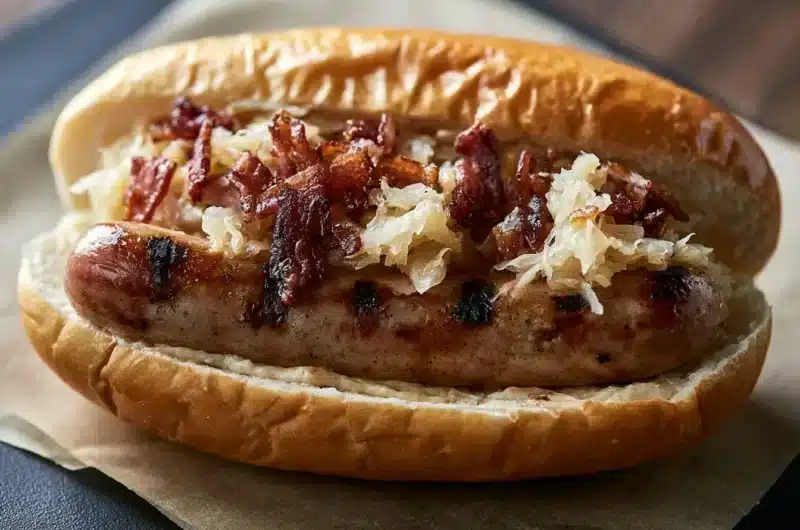 Delicious German bratwurst with sauerkraut served on a plate