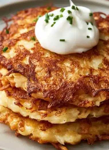 Golden German potato pancakes served with applesauce and sour cream