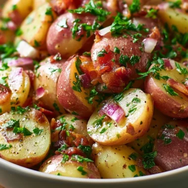 Bowl of traditional German Potato Salad with herbs and dressing