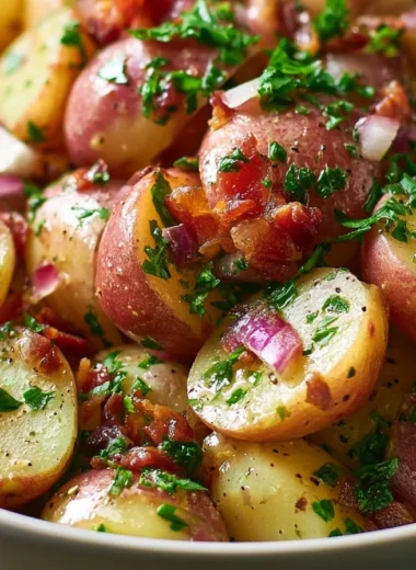 Bowl of traditional German Potato Salad with herbs and dressing