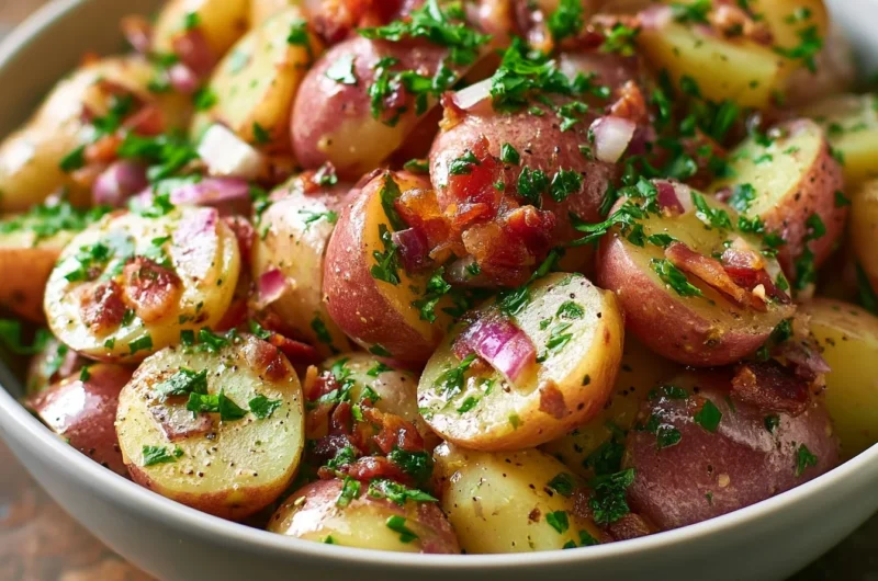 Bowl of traditional German Potato Salad with herbs and dressing