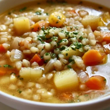 A bowl of steaming Graupensuppe with barley and vegetables.
