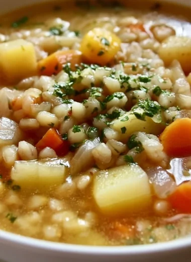 A bowl of steaming Graupensuppe with barley and vegetables.