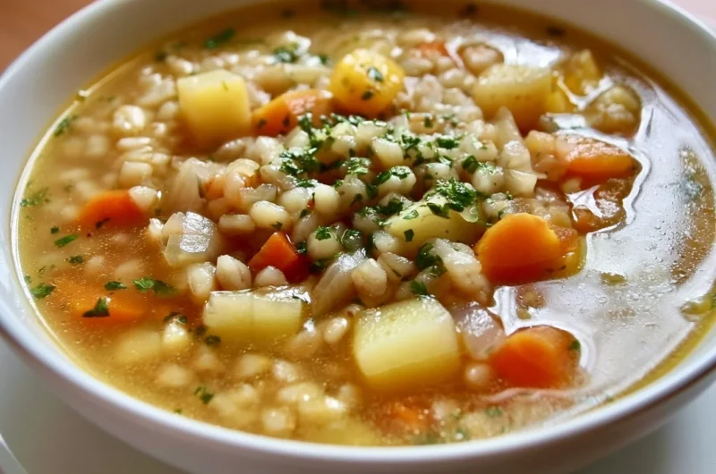 A bowl of steaming Graupensuppe with barley and vegetables.