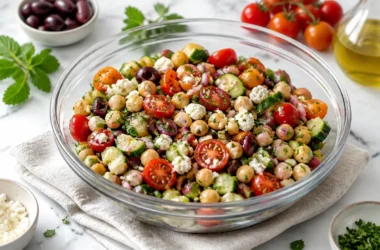 Delicious Greek Chickpea Salad with fresh vegetables and herbs