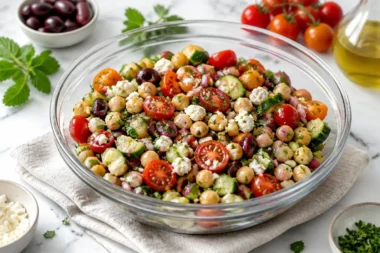 Delicious Greek Chickpea Salad with fresh vegetables and herbs